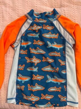 Children's Shark-Print Long Sleeve Rashguard - Blue & Orange